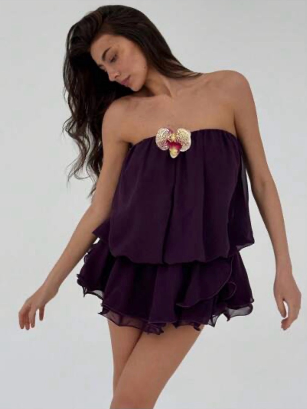 SHEIN Strapless Deep Purple Layered Mini Dress with Floral Accent